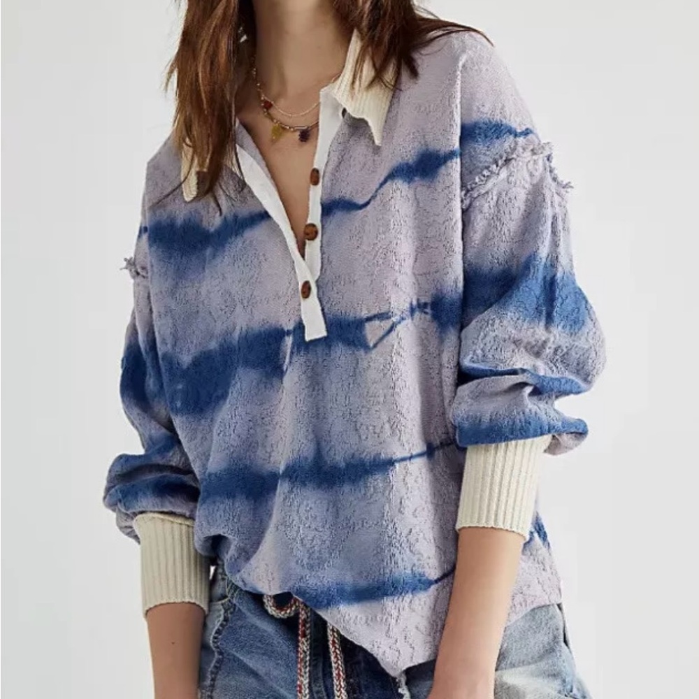 Free People Sunrise Pullover Henley Polo Blue Tie Dye Lavender Blue Large